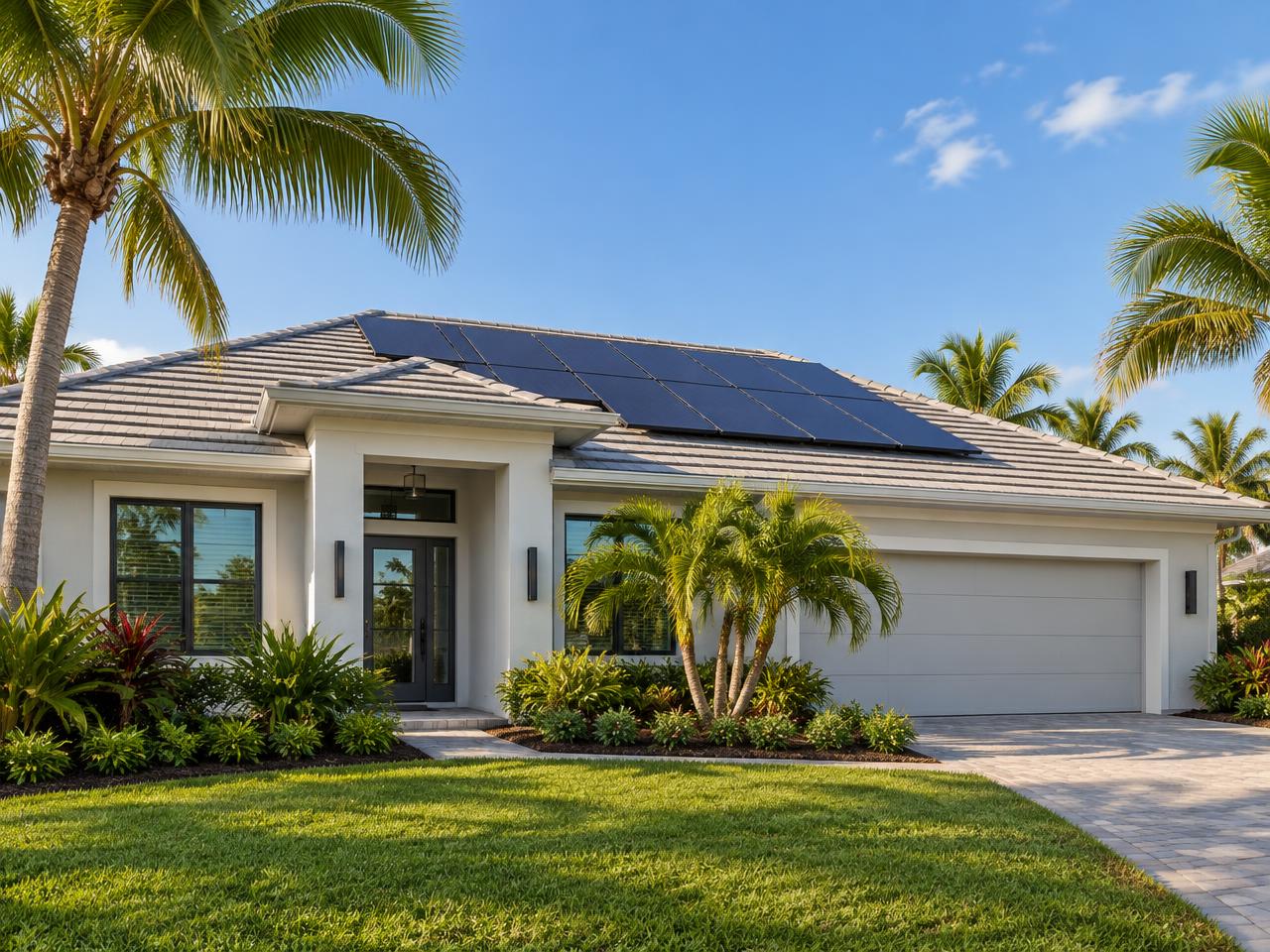 Single-story white house with a gray tile roof partly covered by dark solar panels, surrounded by palm trees and tropical landscaping